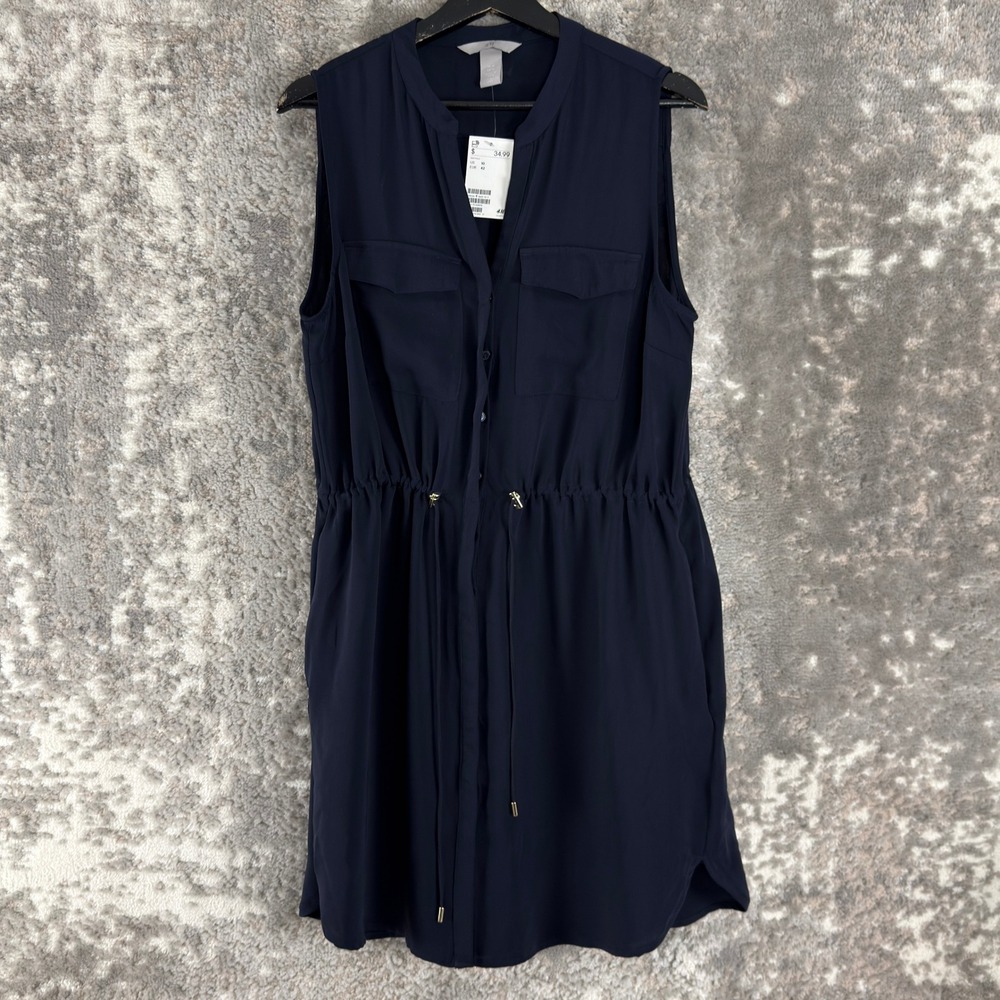 New H&M Size 10 Drawstring Waist Utility Shirt Dress Navy Blue Sleeveless Women
